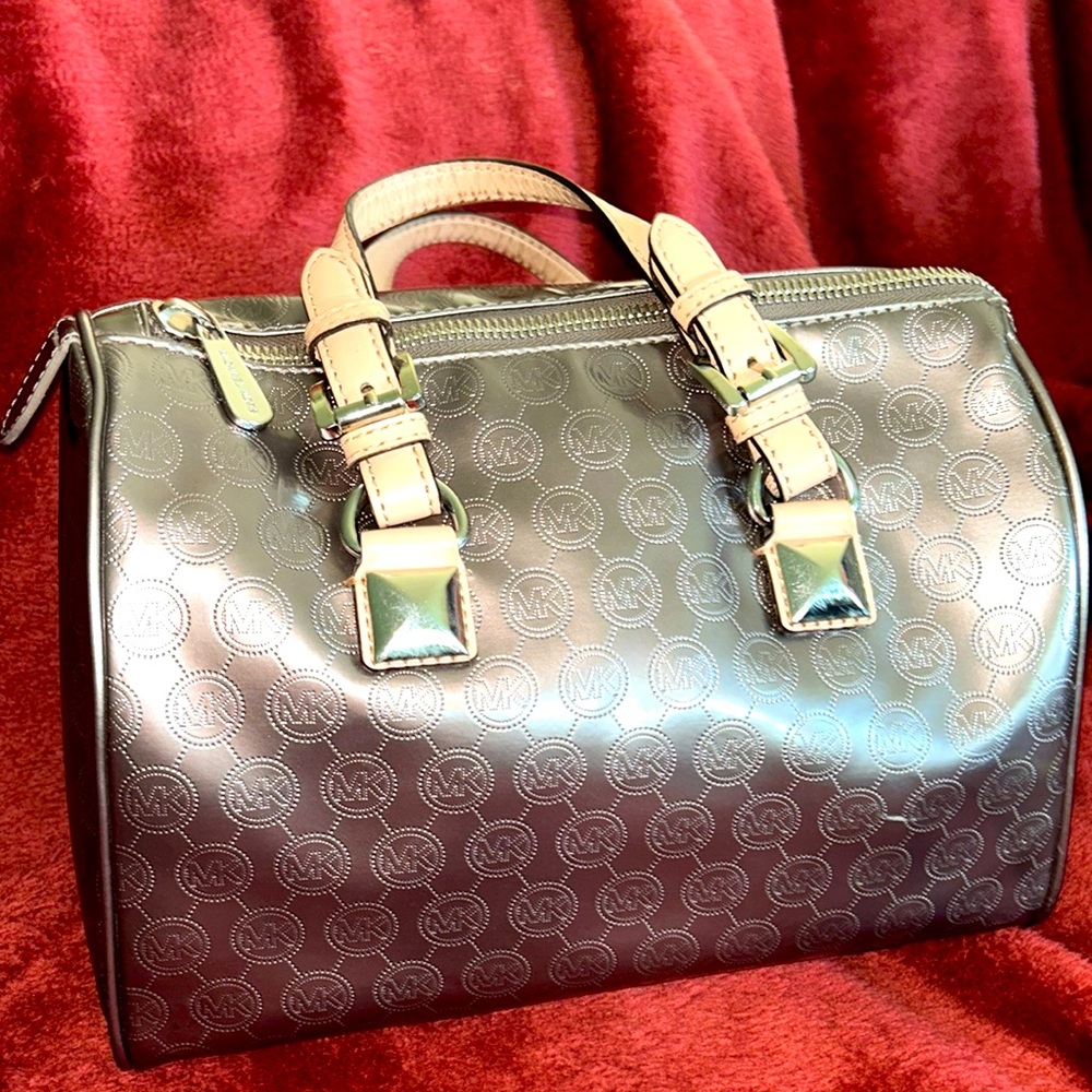 MK pewter metallic Boston bag with tan leather handles no call outs 11/12”x9”x7”